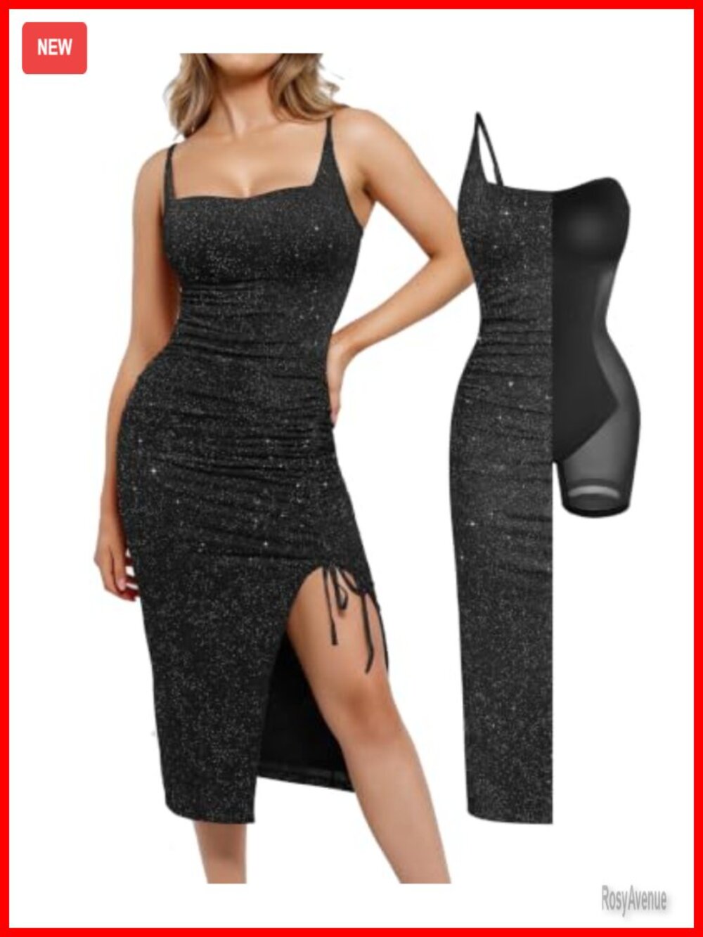 Sparkly Cocktail Shapewear Dress Built-in Bra Square Neck Midi